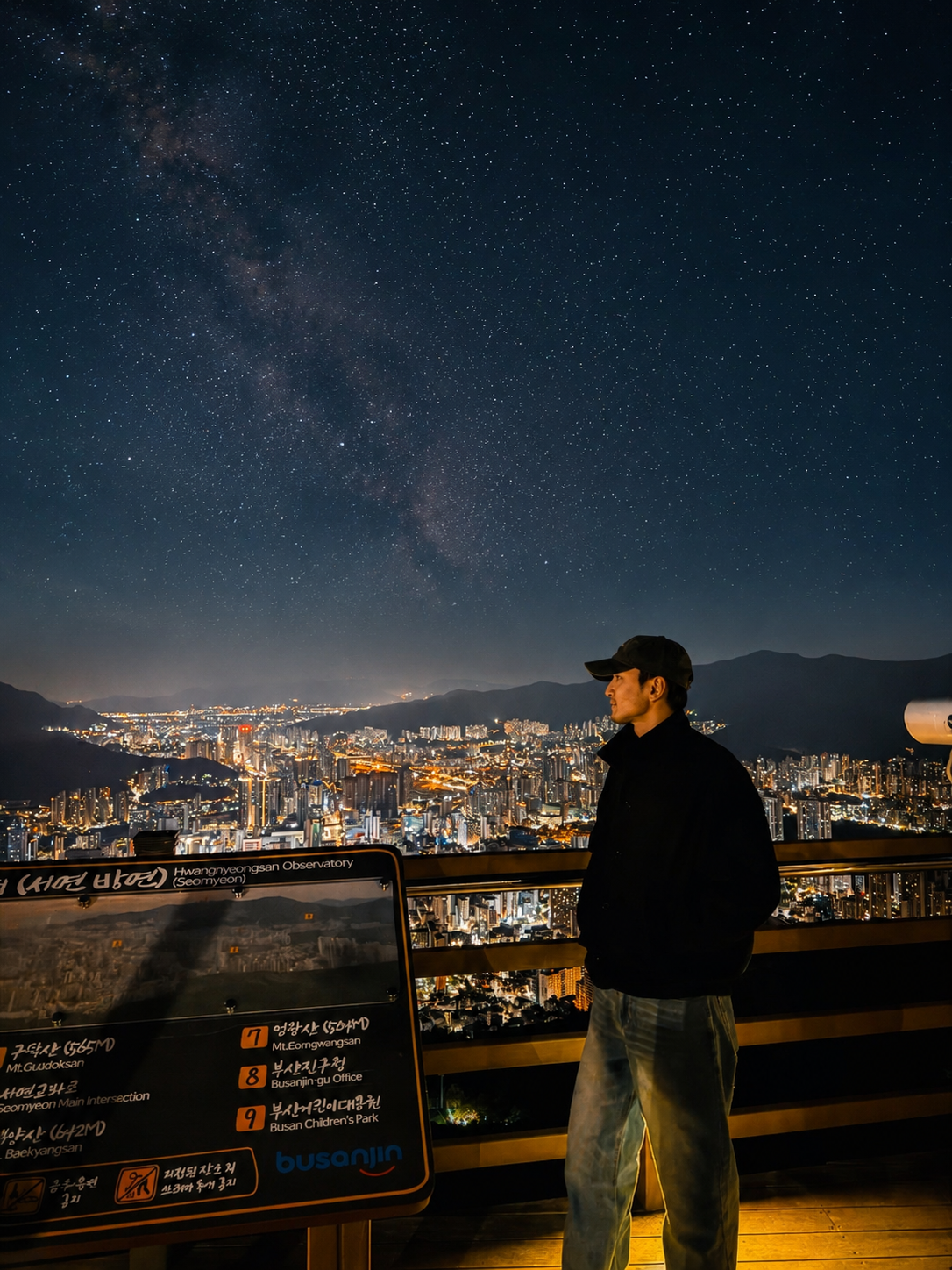 Jakhongir overlooking a night city skyline under the stars